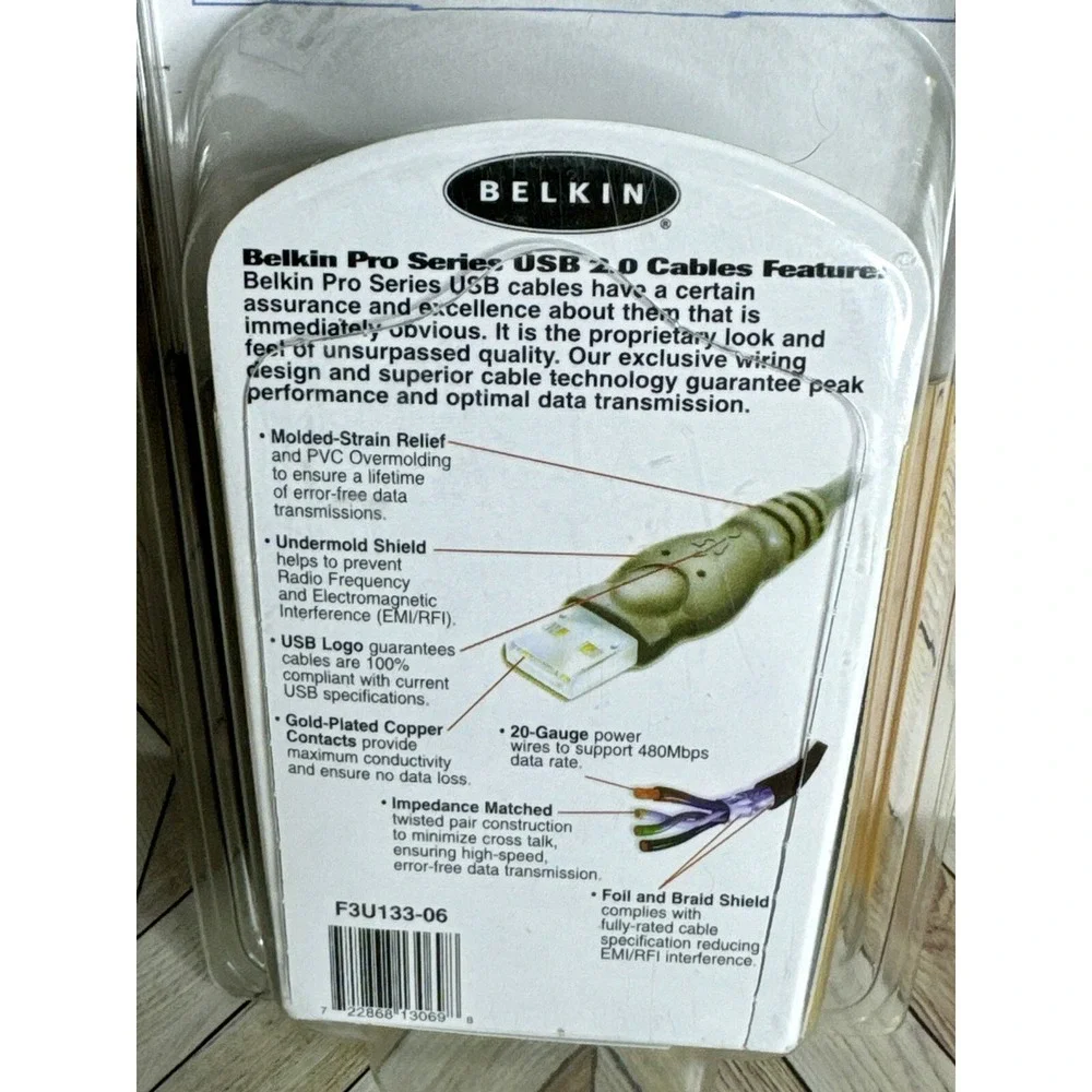 New Sealed Belkin USB 2.0 Cable 6ft Black Hi-Speed A to B Printer Scanner